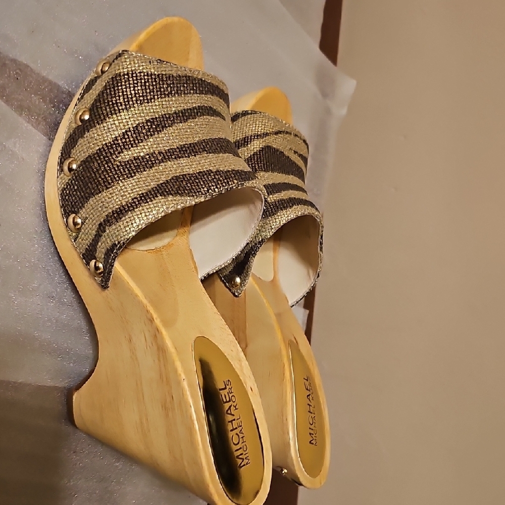 Michael Kors Animal Print Mules with Textured Straps and Wedge Heel
